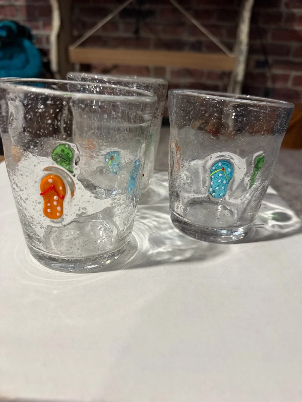Anthropologie hand blown Clear Glass Tumbler Set (3) with Colorful Flip-Flop